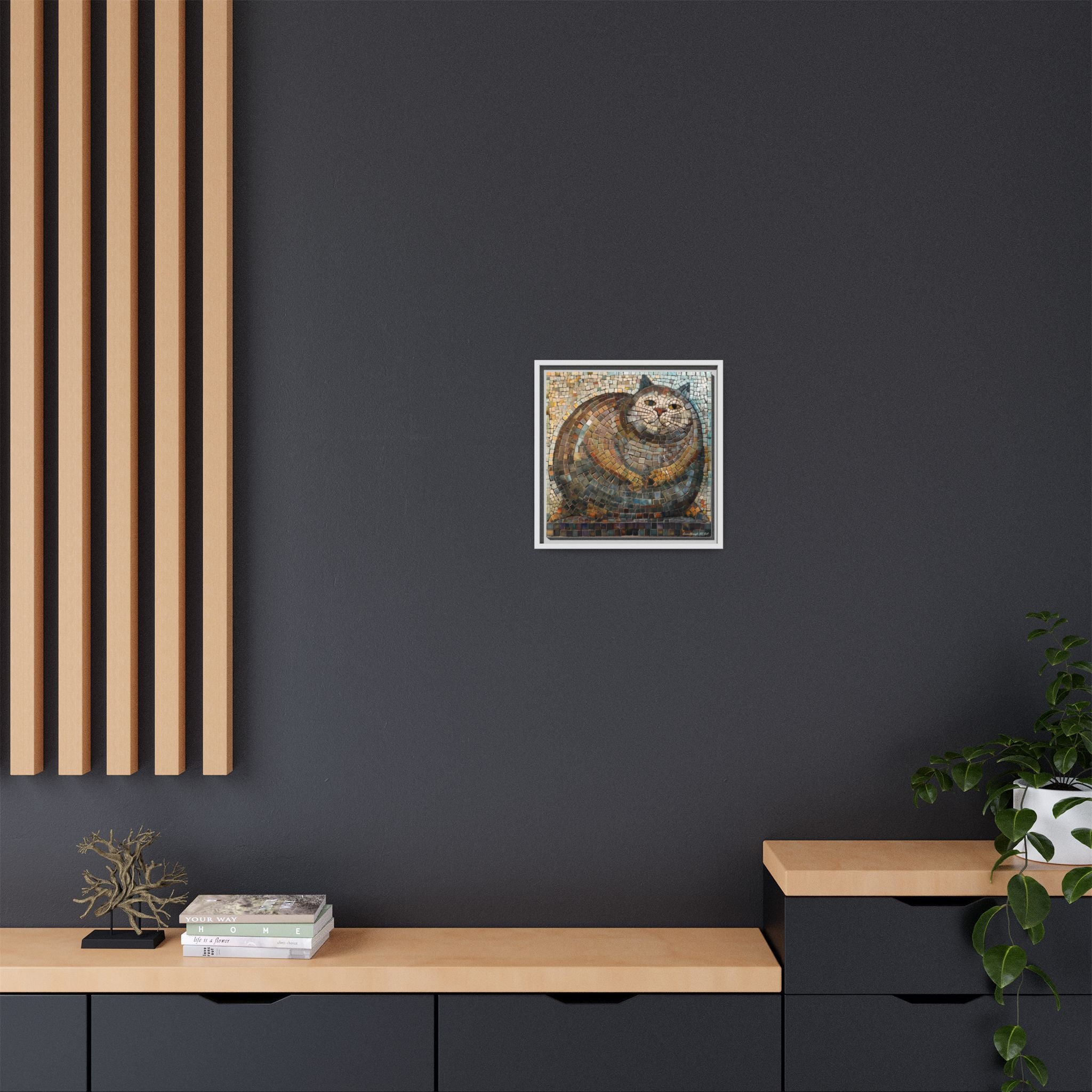"Serene Mosaic Cat", Framed Mosaic Cat Art Print — Colorful Modern Wall Canvas