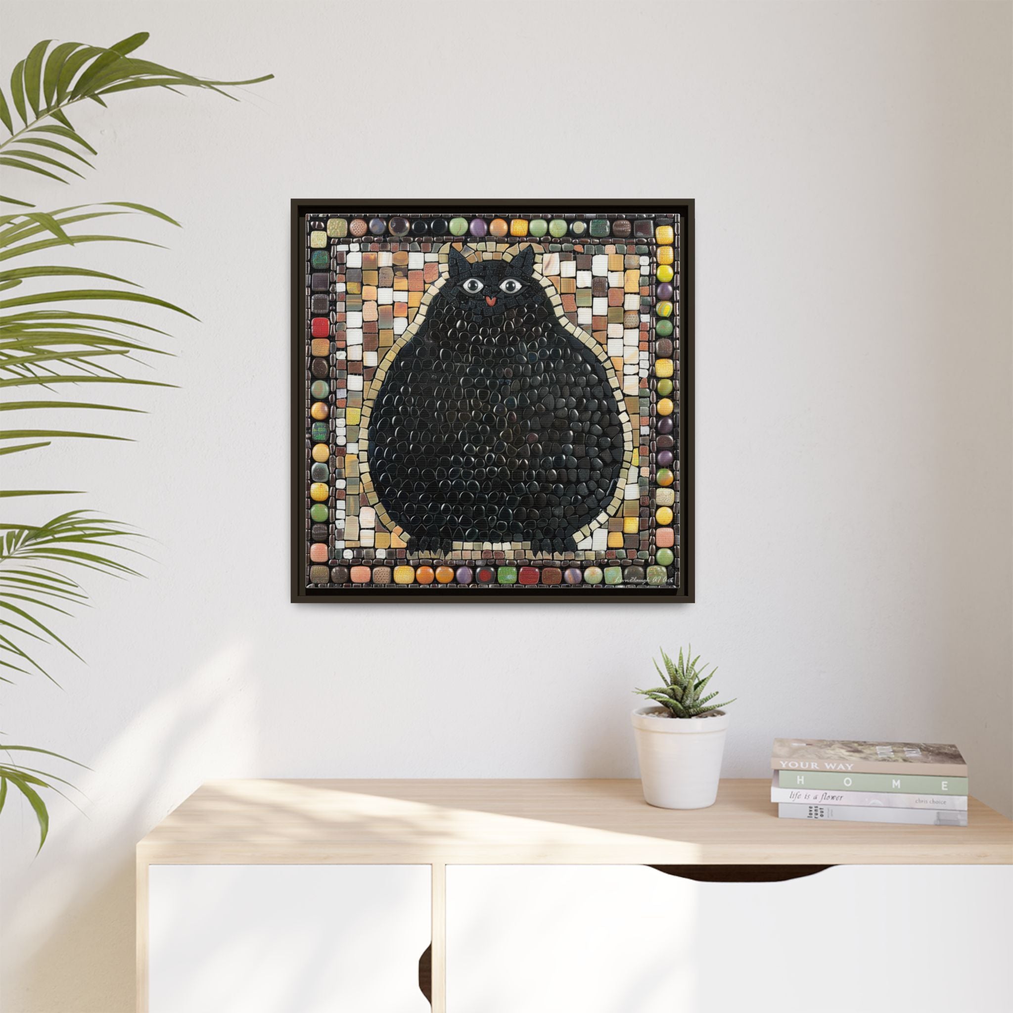 "Playful Black Cat Mosaic", Framed Mosaic Cat Art Print — Colorful Modern Wall Canvas