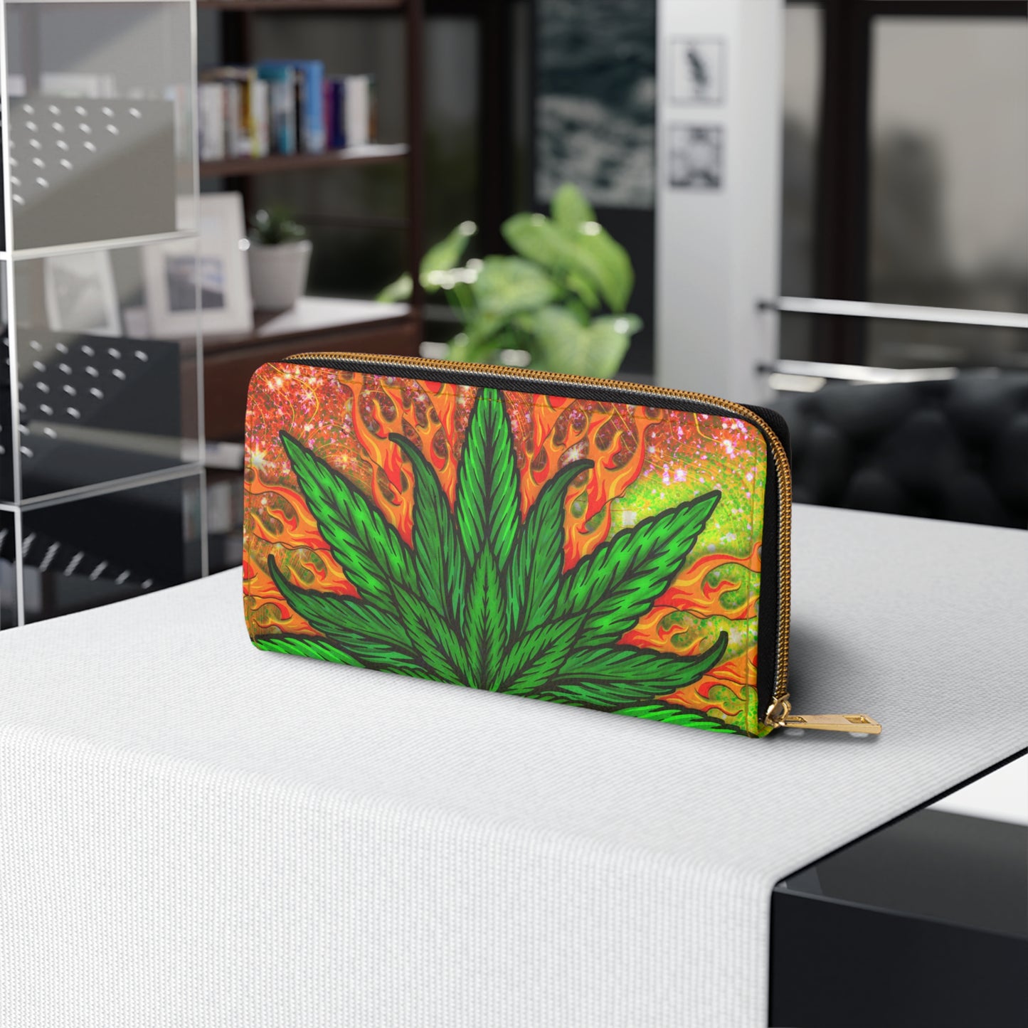 Beautifully Designed Orange, Yellow And Green Marijuana Leaf Zipper Wallet