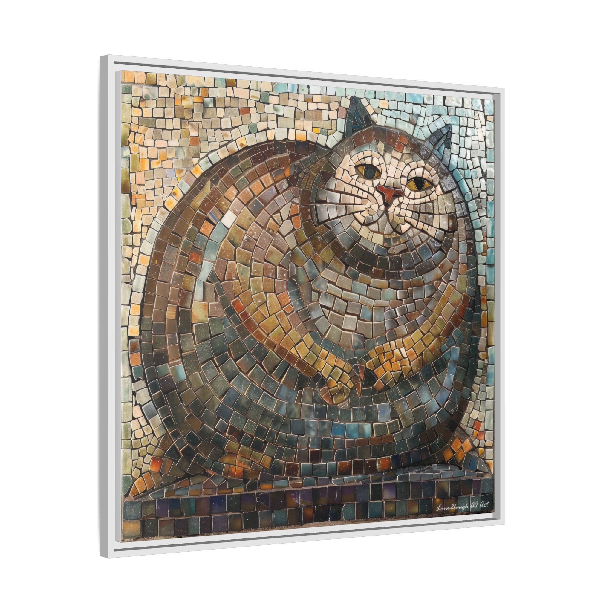 "Serene Mosaic Cat", Framed Mosaic Cat Art Print — Colorful Modern Wall Canvas