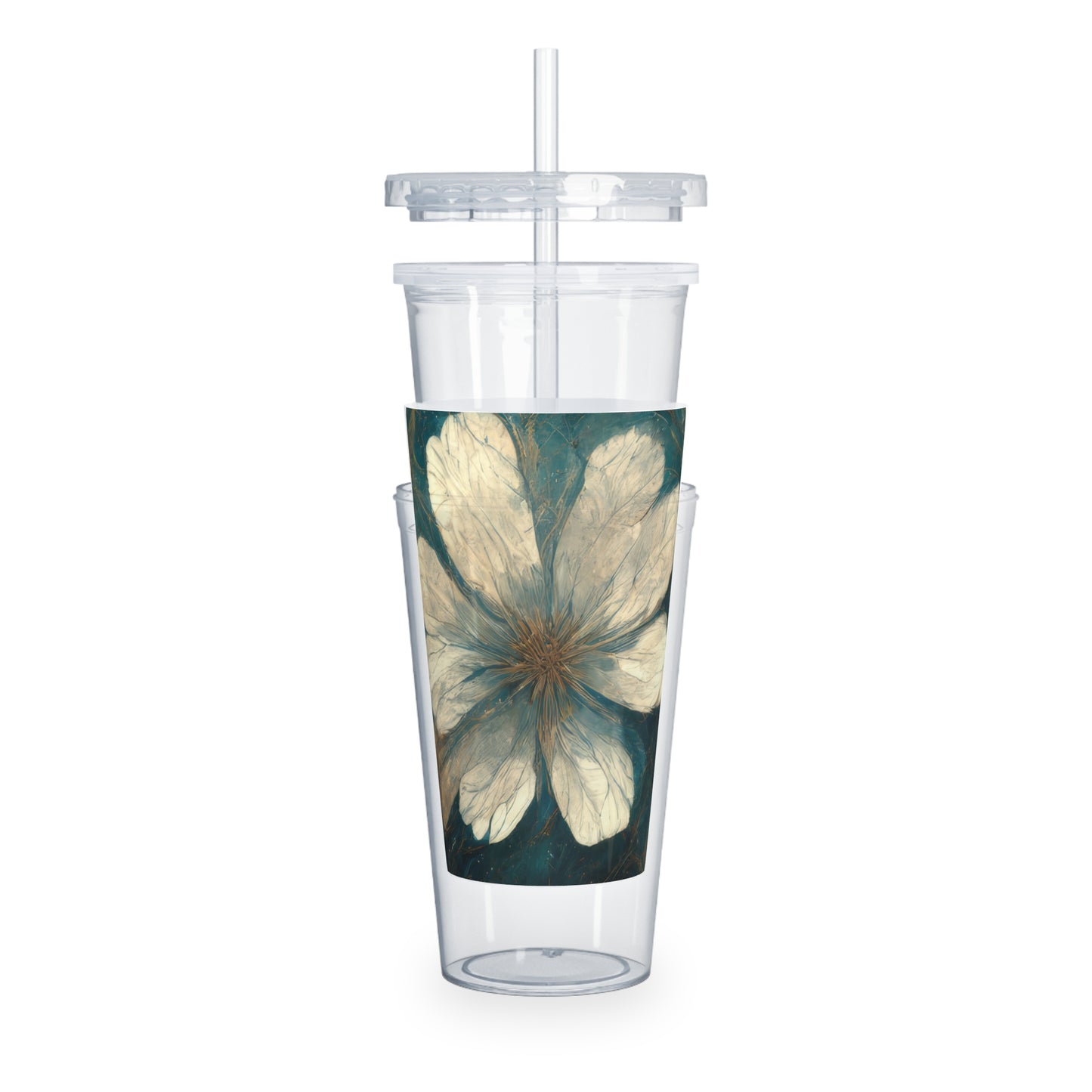 Bold And Beautiful White, Grey And Blue Floral Style 1 Plastic Tumbler with Straw