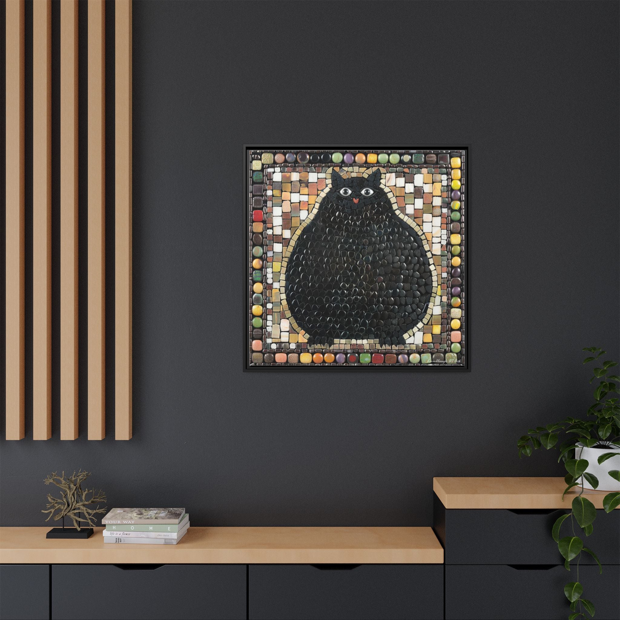 "Playful Black Cat Mosaic", Framed Mosaic Cat Art Print — Colorful Modern Wall Canvas