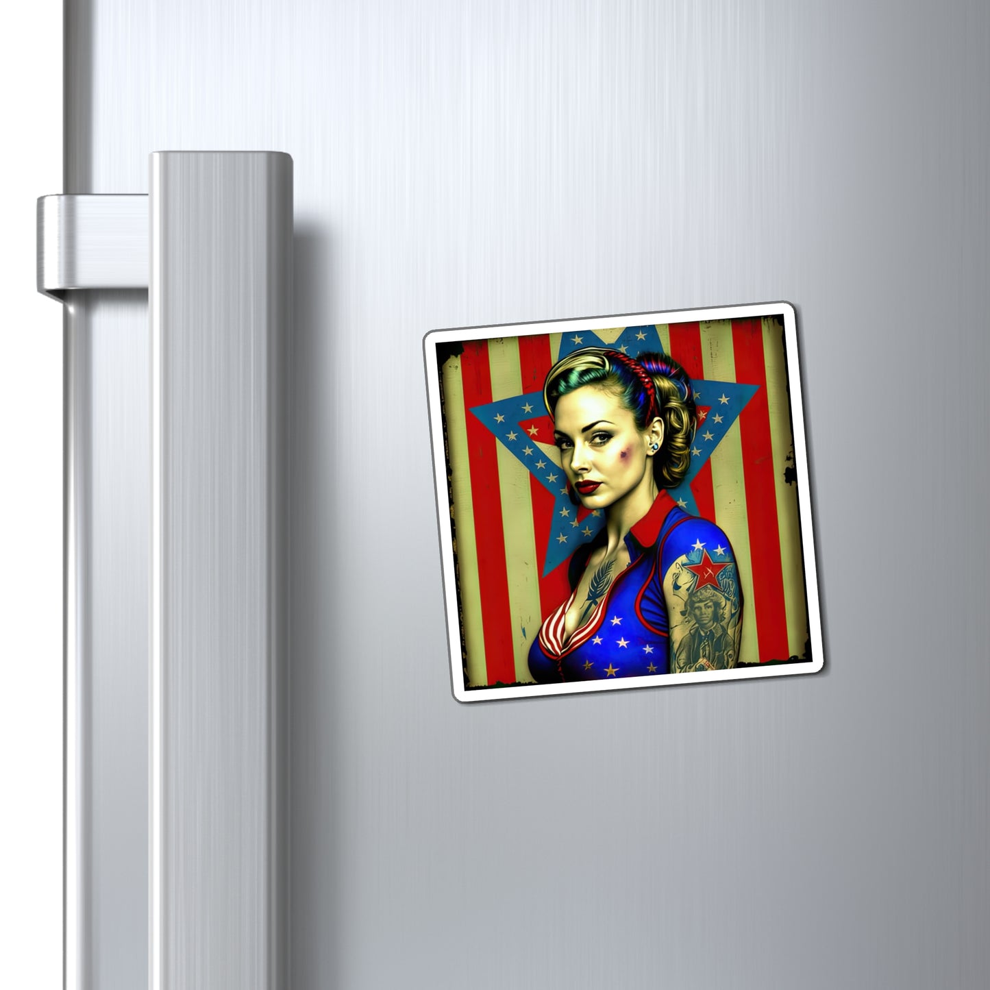 Retro Tattooed Pinup Blue, Red And White Star Magnet Style Four