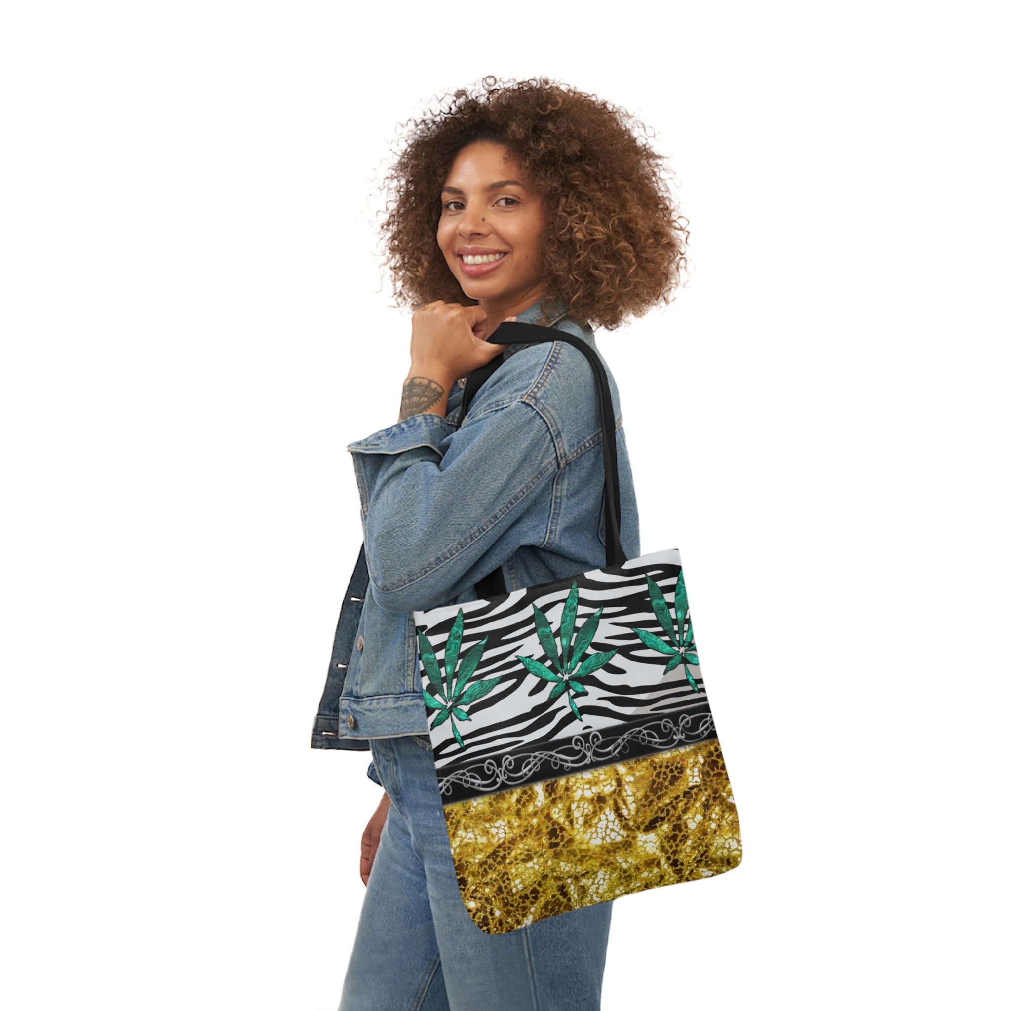 Gold And Zebra White And Black Marijuana Pot Weed Leaf 420 Weed Pot Marijuana Leaf Polyester Canvas Tote Bag (AOP)