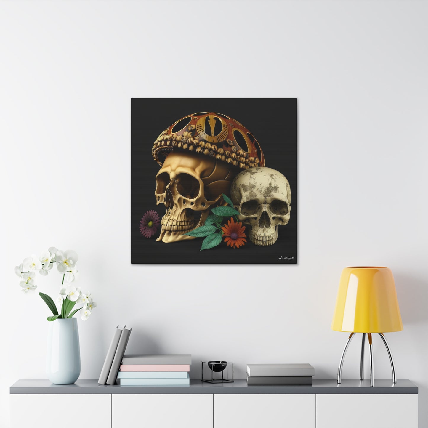 Double Skull With One Colorful Beautifully Detailed Helmet Purple Orange Flowers Canvas Gallery Wraps