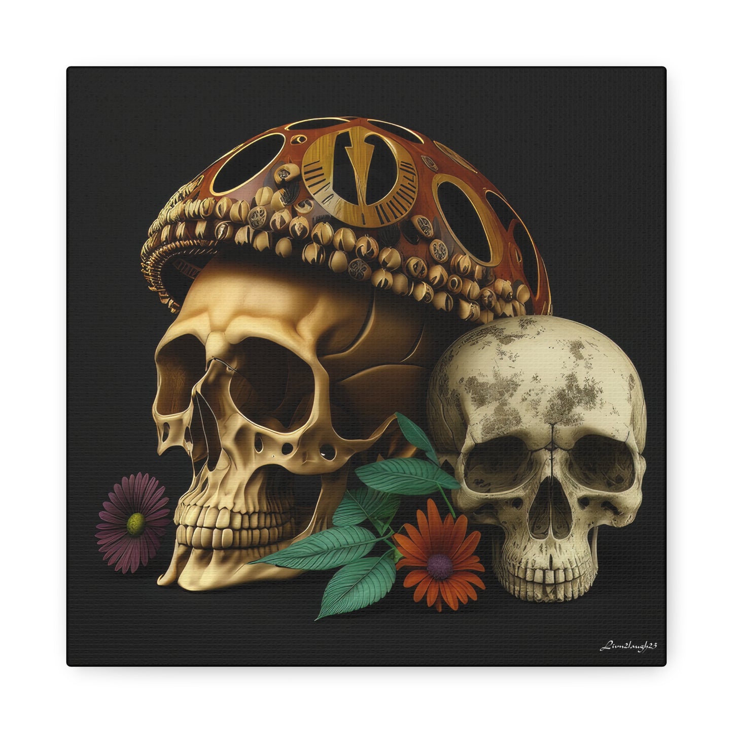 Double Skull With One Colorful Beautifully Detailed Helmet Purple Orange Flowers Canvas Gallery Wraps