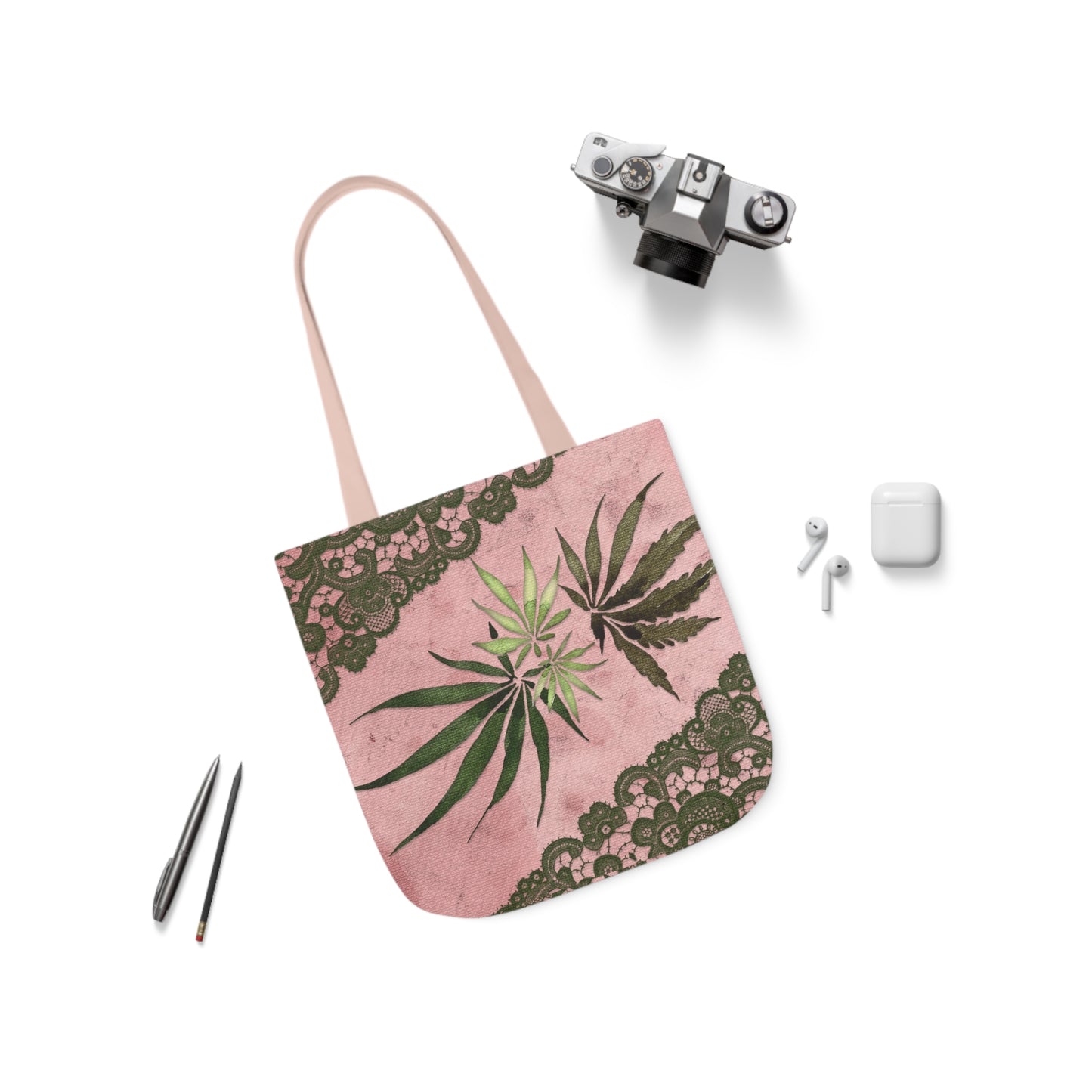 Grey Lace Gorgeous Pink Designed Marijuana 420 Weed Polyester Canvas Tote Bag (AOP)