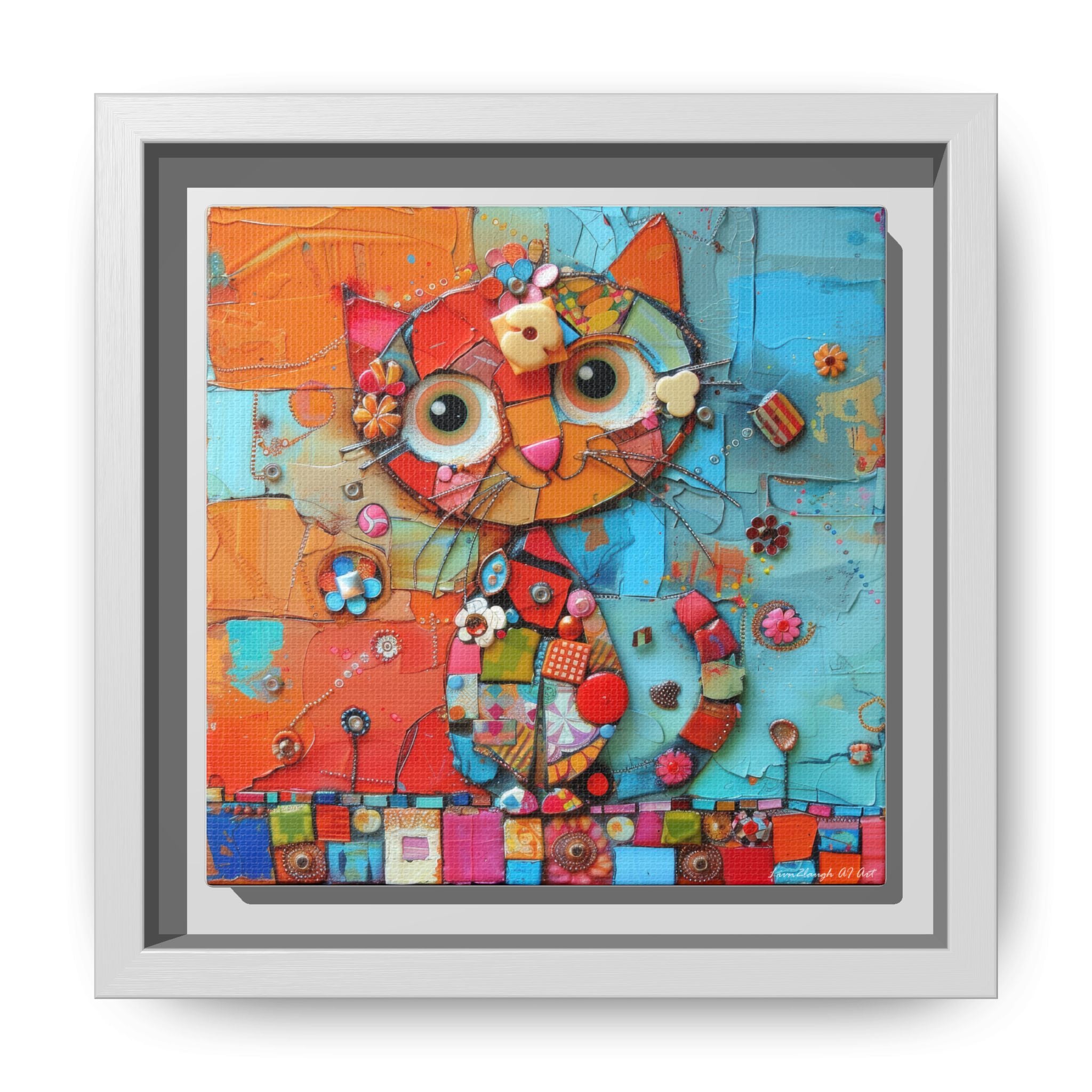 "Whimsical Mosaic Cat", Framed Mosaic Cat Art Print — Colorful Modern Wall Canvas