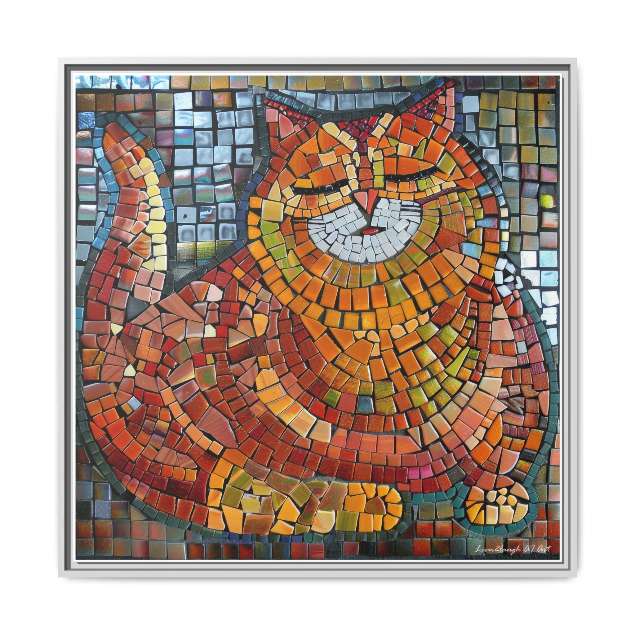 Radiant Whiskers: The Joyful Cat, Framed Mosaic Cat Art Print — Colorful Modern Wall Canvas