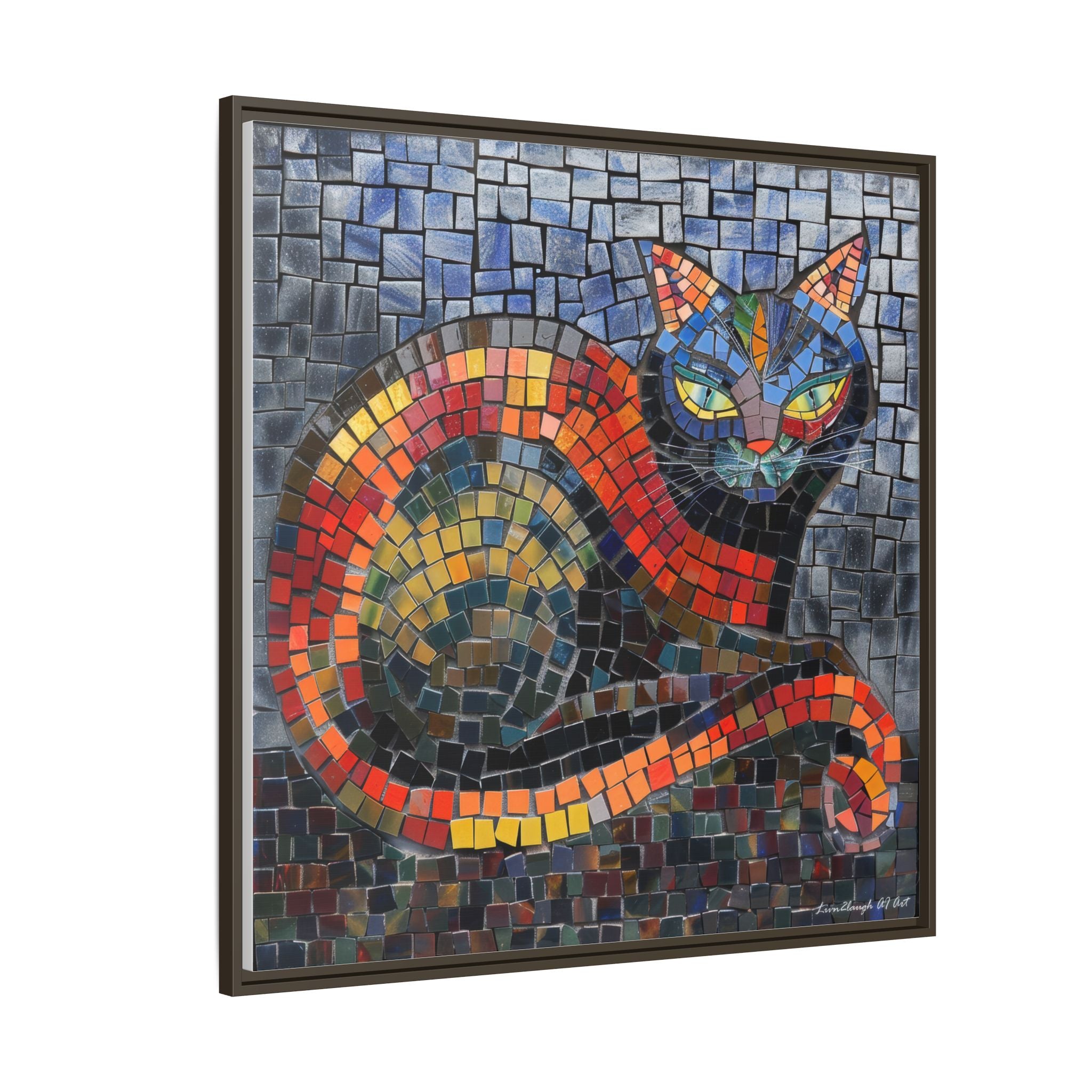 Mystic Shadows: The Enigmatic Cat, Framed Mosaic Cat Art Print — Colorful Modern Wall Canvas