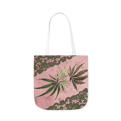 Grey Lace Gorgeous Pink Designed Marijuana 420 Weed Polyester Canvas Tote Bag (AOP)