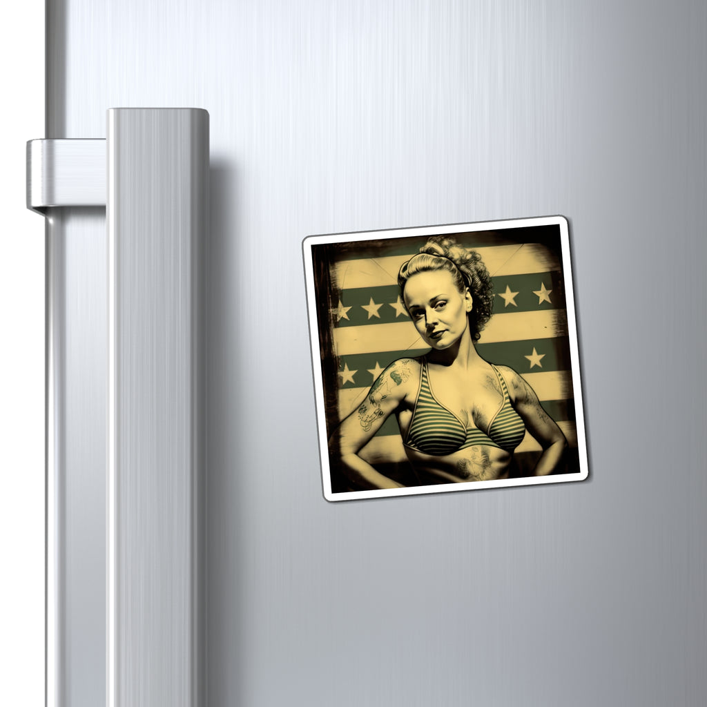 Retro Tattooed Pinup Blue, Red And White Star Magnet Style Ten