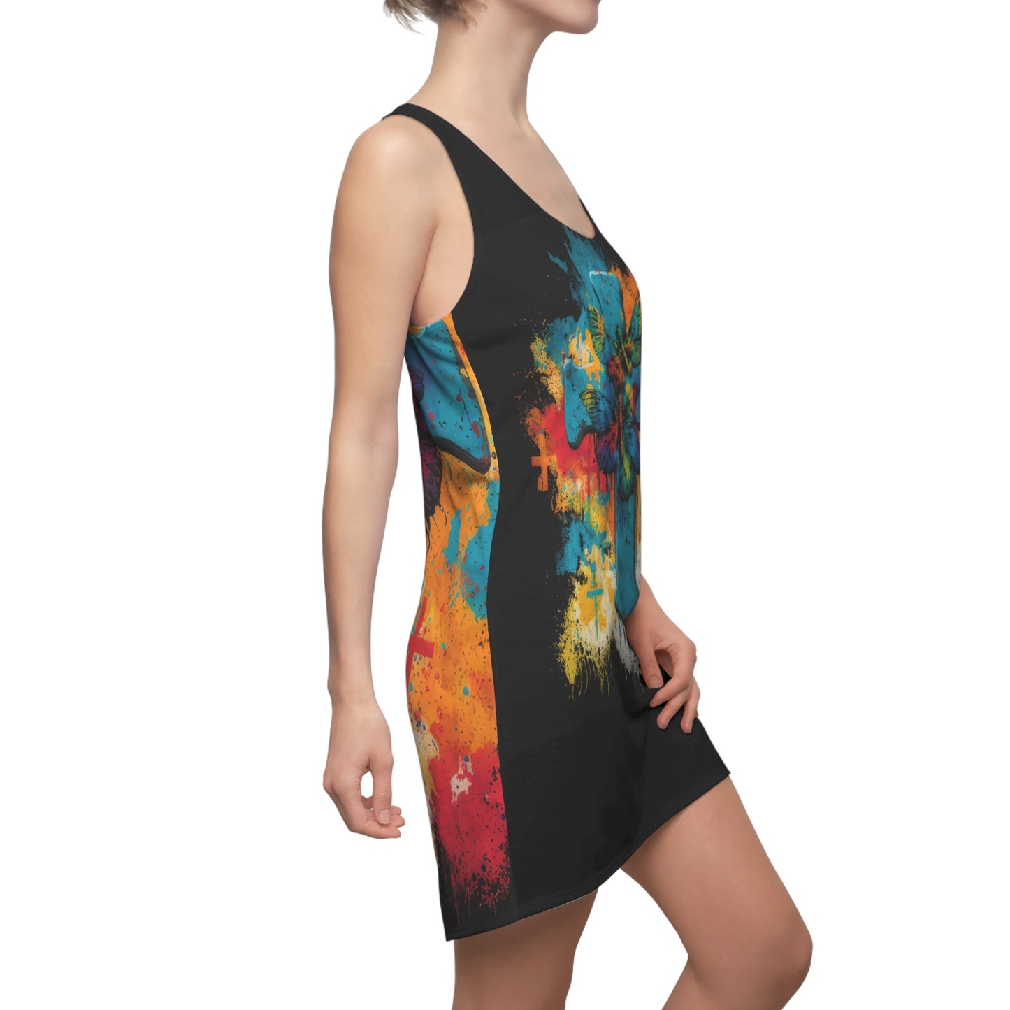 Bold And Beautiful Tie Dye Cross And Butterflies Front Style Four On Back Women's Cut & Sew Racerback Dress (AOP)