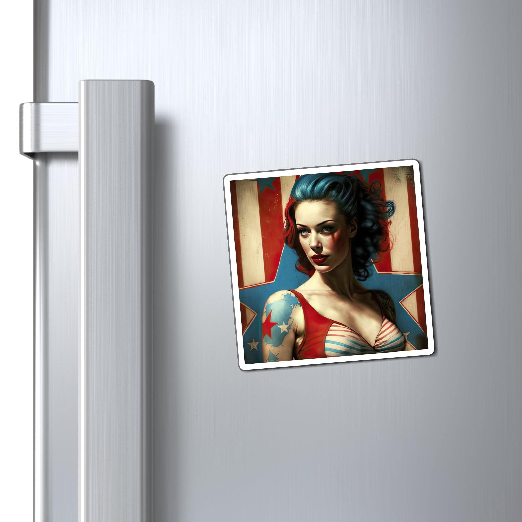 Retro Tattooed Pinup Blue, Red And White Star Magnet Style Two