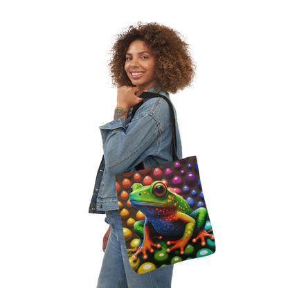 Sassy Rainbow Round Skittle Like Background With Beautiful Frog Polyester Canvas Tote Bag (AOP)