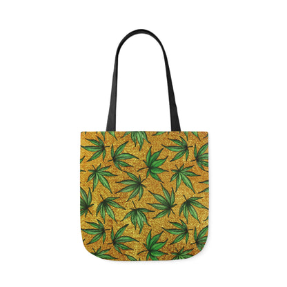 Gold And Green Marijuana Pot Weed Leaf With Gold Background 420 Polyester Canvas Tote Bag (AOP)