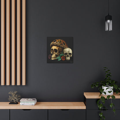 Double Skull With One Colorful Beautifully Detailed Helmet Purple Orange Flowers Canvas Gallery Wraps