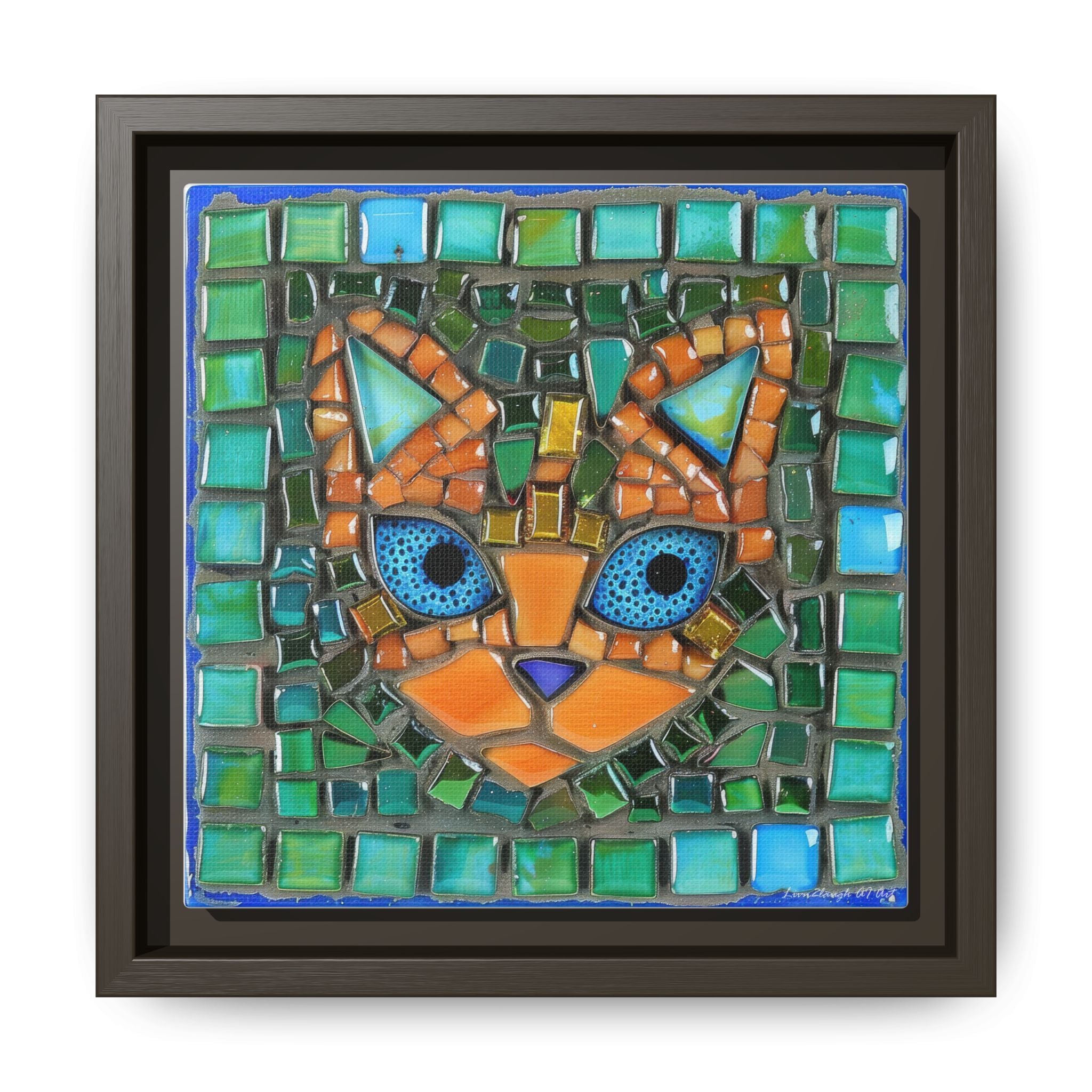 "Emerald Eyes Mosaic Cat", Framed Mosaic Cat Art Print — Colorful Modern Wall Canvas
