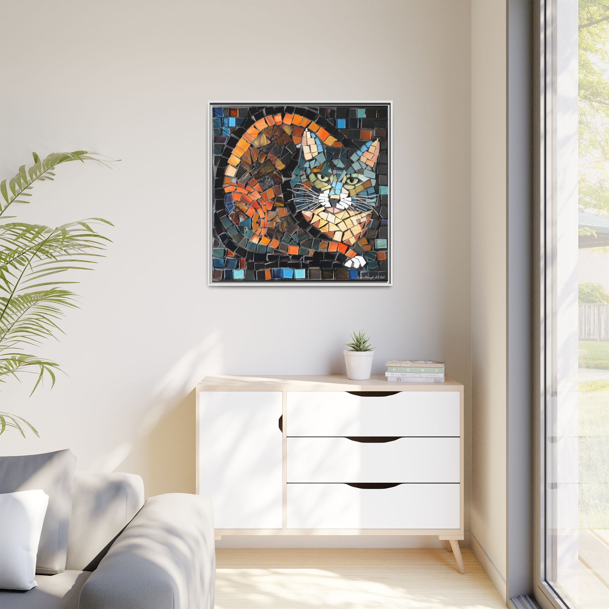 "Bold Mosaic Cat", Framed Mosaic Cat Art Print — Colorful Modern Wall Canvas