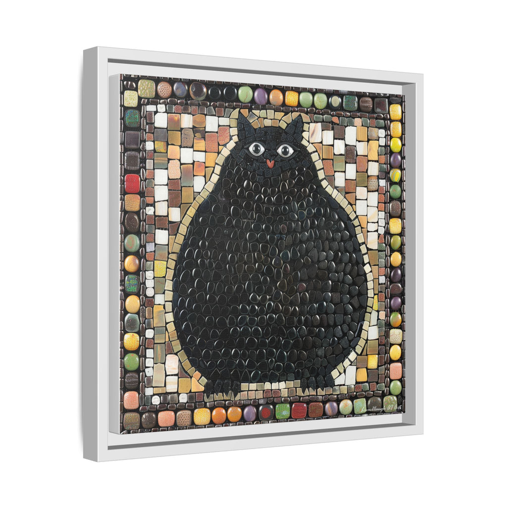 "Playful Black Cat Mosaic", Framed Mosaic Cat Art Print — Colorful Modern Wall Canvas