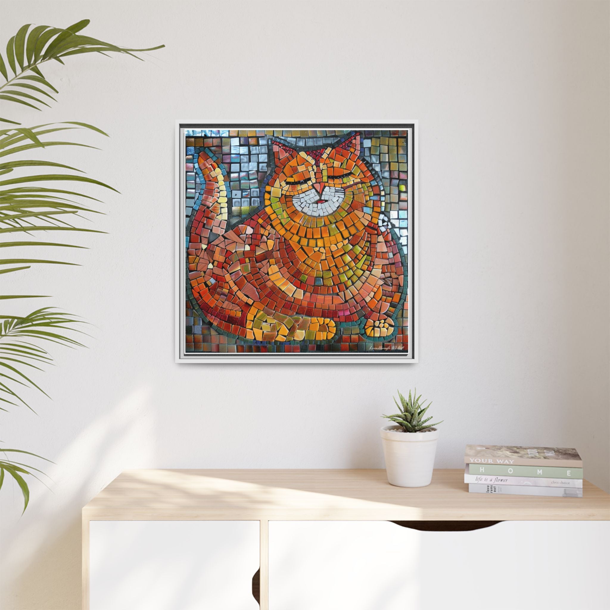 Radiant Whiskers: The Joyful Cat, Framed Mosaic Cat Art Print — Colorful Modern Wall Canvas
