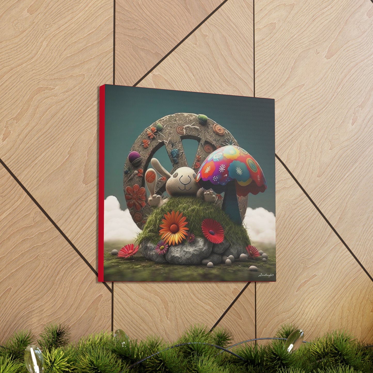 Beautiful Forest Round Peace Sign , Bunny Style Mushrooms  Flowers And Butterfly 12 Canvas Gallery Wraps