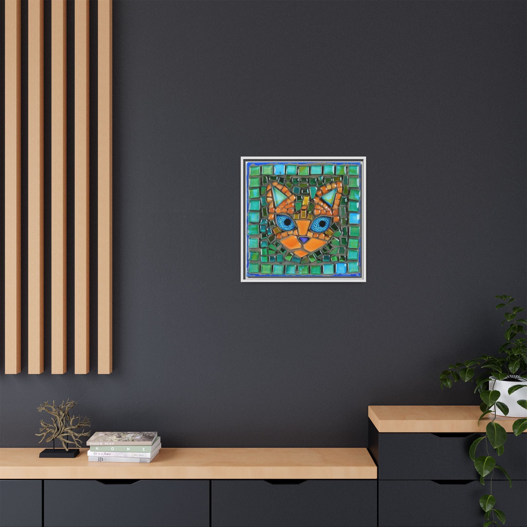 "Emerald Eyes Mosaic Cat", Framed Mosaic Cat Art Print — Colorful Modern Wall Canvas