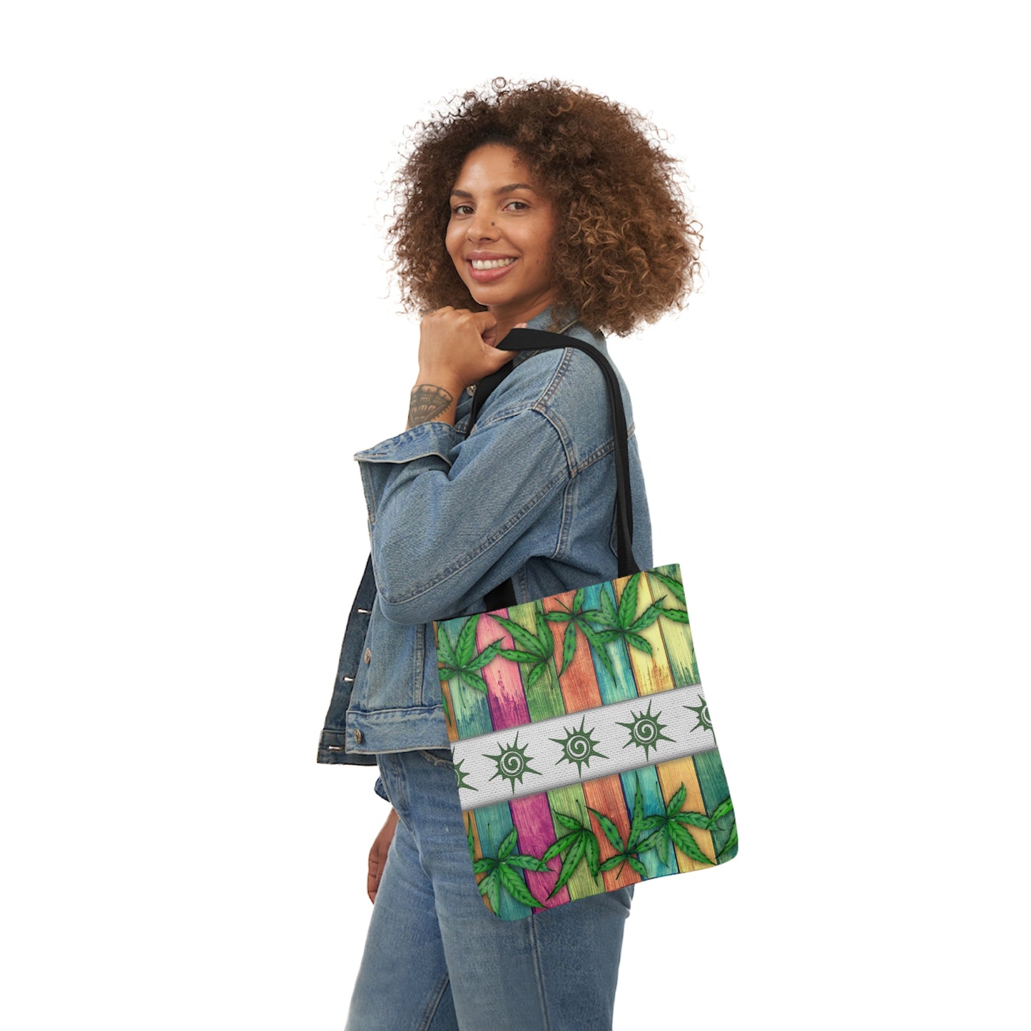 Beautiful Multicolored Pink Purple Blue 420 Weed Marijuana Leaf Polyester Canvas Tote Bag (AOP)