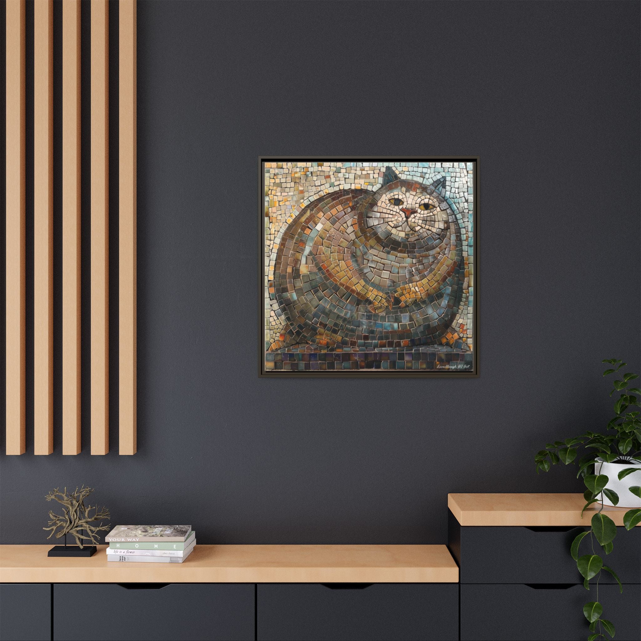 "Serene Mosaic Cat", Framed Mosaic Cat Art Print — Colorful Modern Wall Canvas