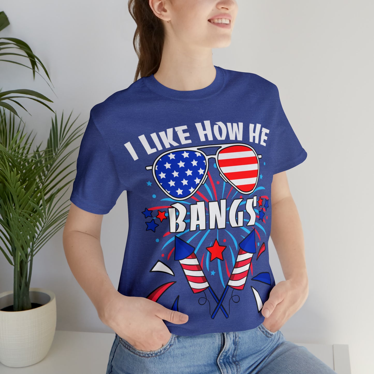 I Like How He Bangs American Flag, Fourth Of July 4th , American Flag Glasses Unisex Jersey Short Sleeve Tee