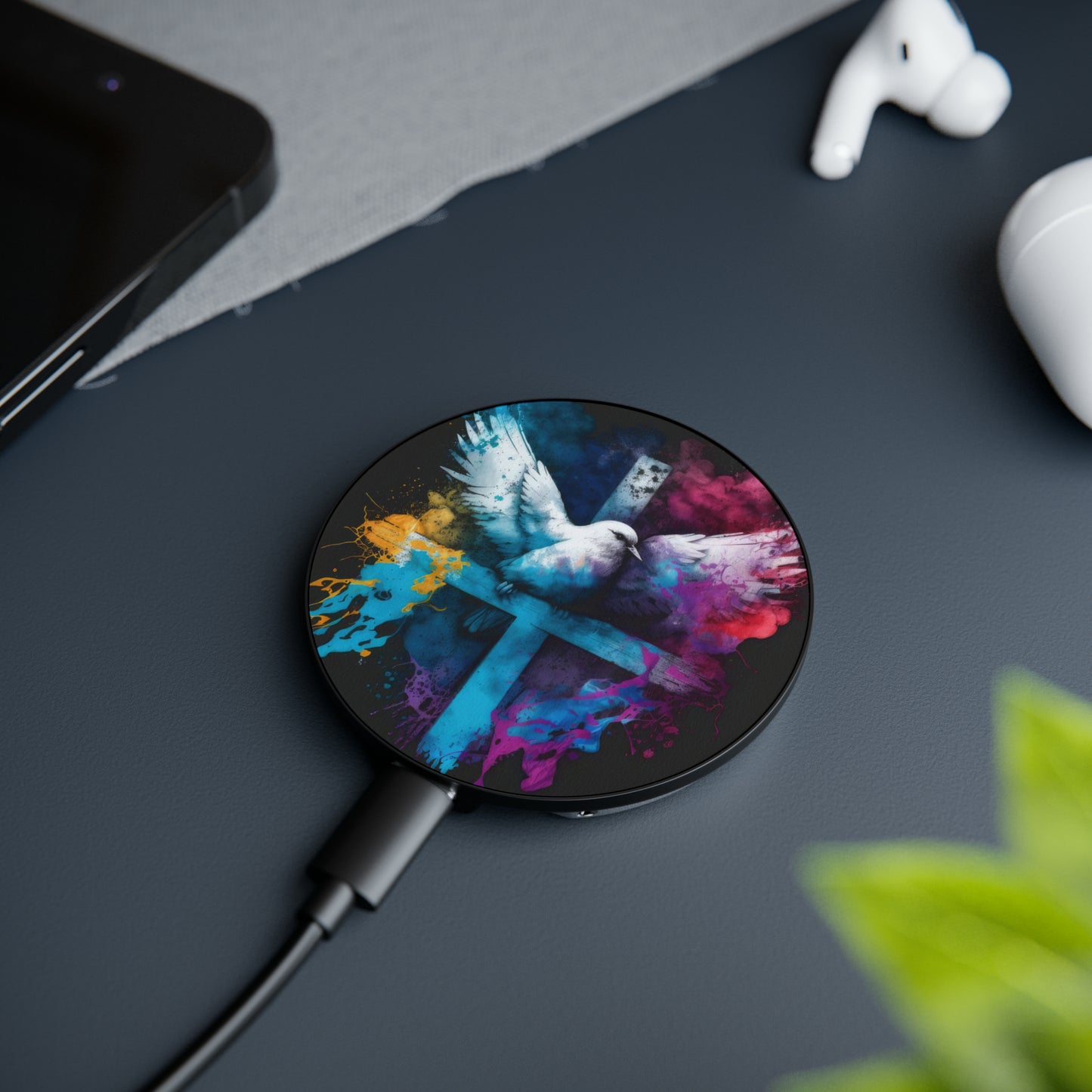 Bold And Beautiful Tie Dye Dove And Cross Style 1 Magnetic Induction Charger