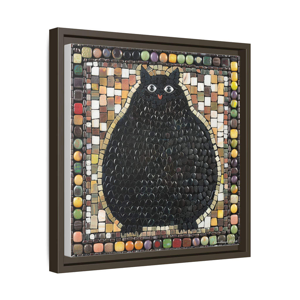 "Playful Black Cat Mosaic", Framed Mosaic Cat Art Print — Colorful Modern Wall Canvas