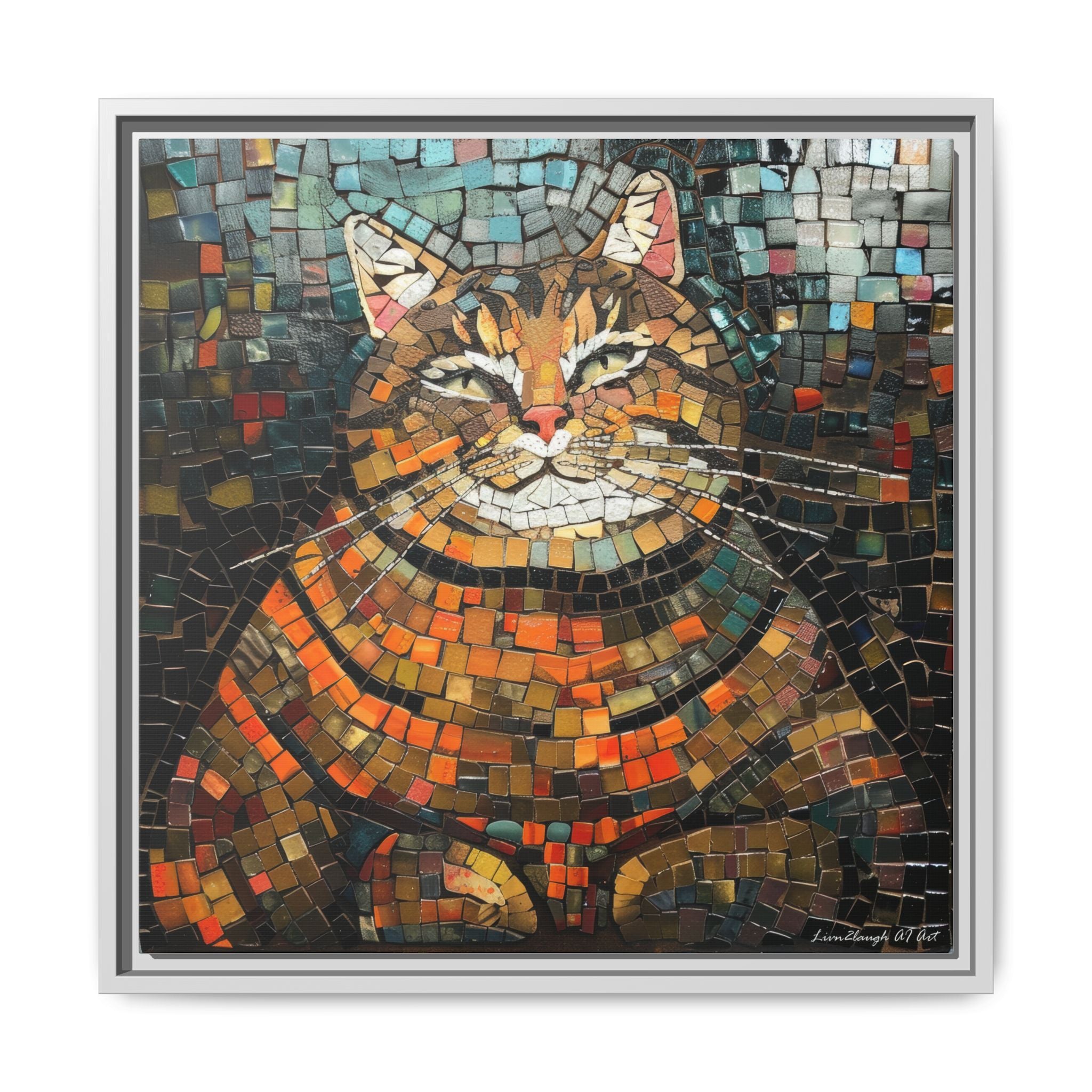 Mosaic Majesty: The Regal Cat, Framed Mosaic Cat Art Print — Colorful Modern Wall Canvas