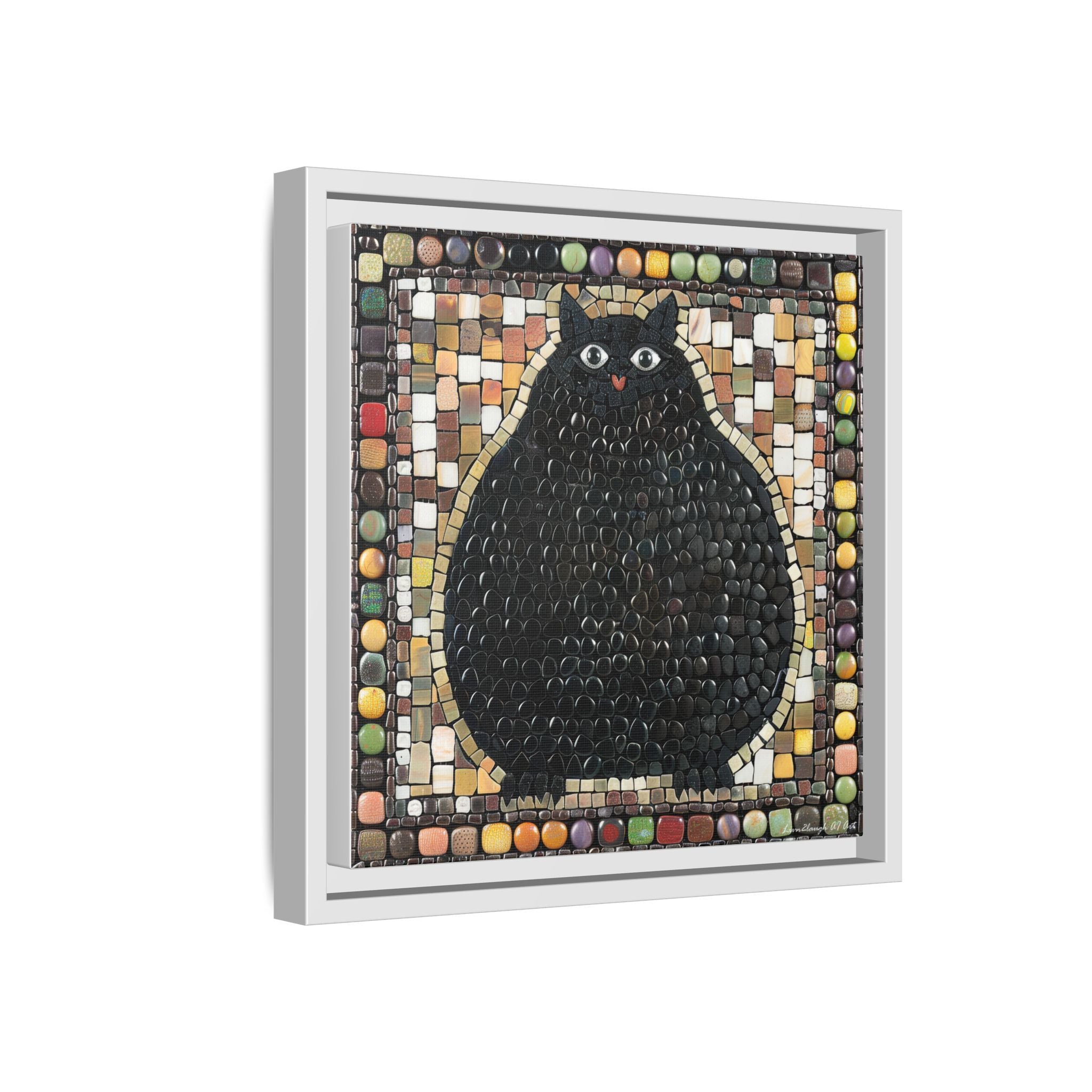 "Playful Black Cat Mosaic", Framed Mosaic Cat Art Print — Colorful Modern Wall Canvas
