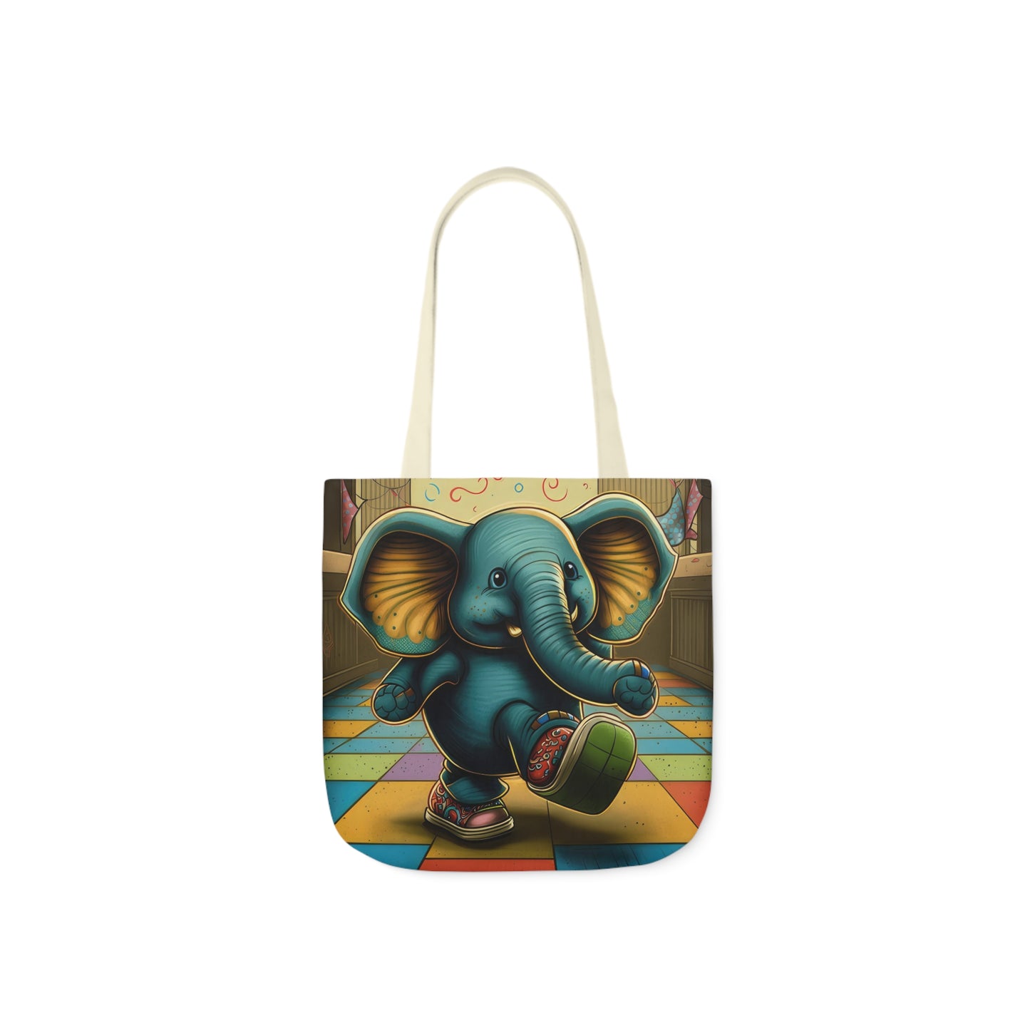 Elephant Kicking Leg On Colored Square Floor Polyester Canvas Tote Bag (AOP)