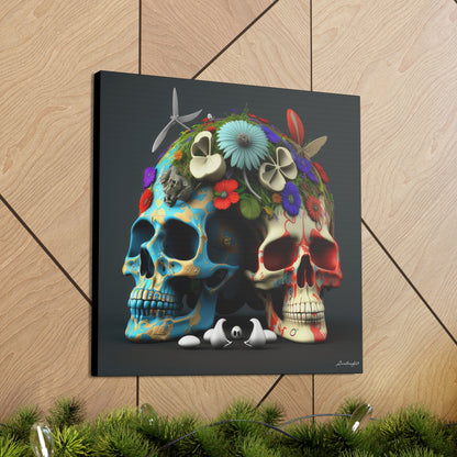 Double Skull With Blue Red  Flowers Canvas Gallery Wraps