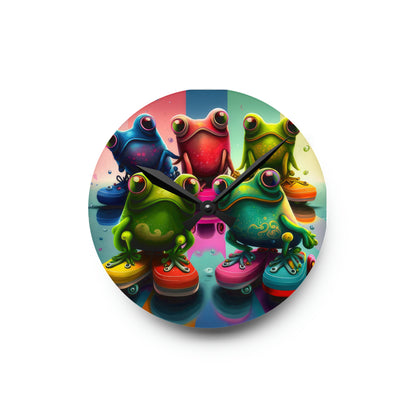 Colorful Group Of Frogs On Skates Wall Clock
