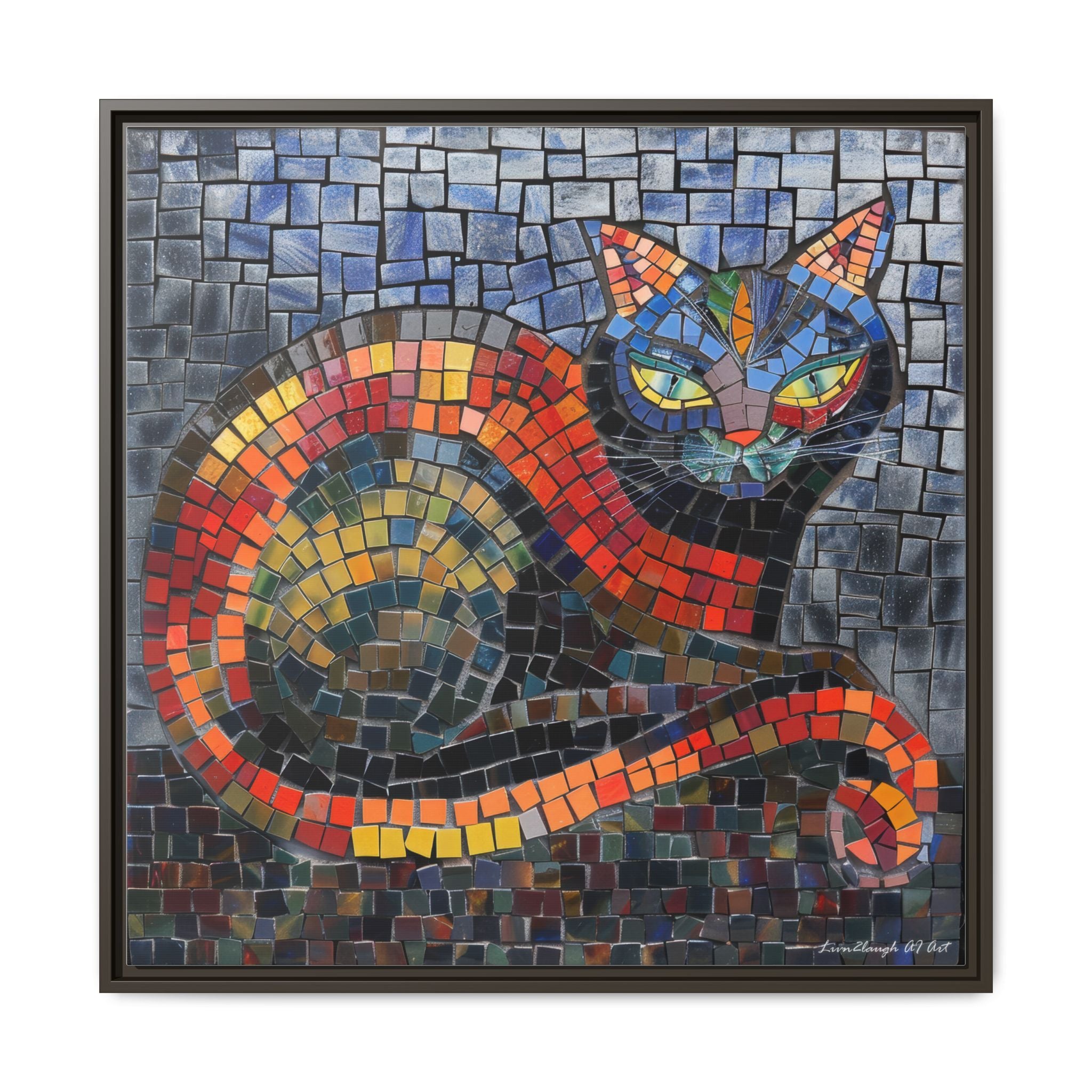 Mystic Shadows: The Enigmatic Cat, Framed Mosaic Cat Art Print — Colorful Modern Wall Canvas