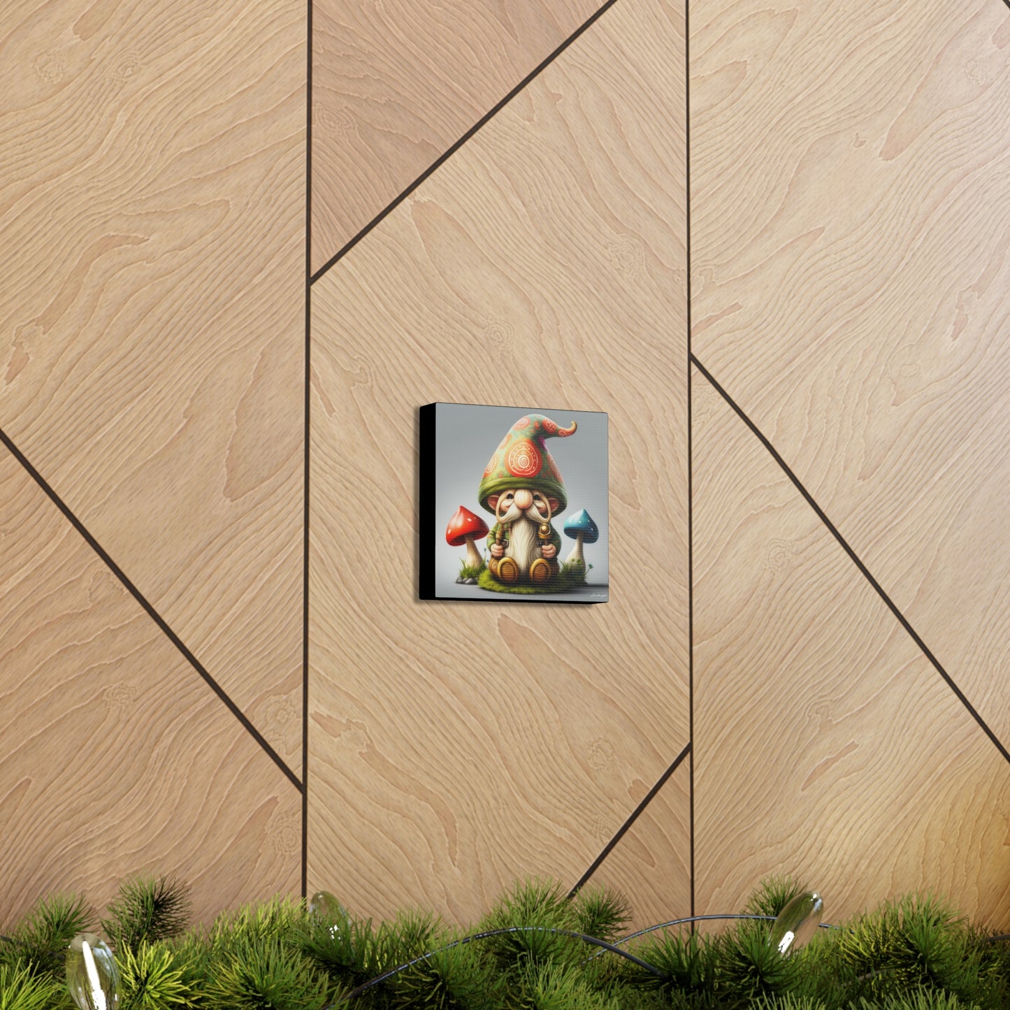 Gnome With Beautifully Detailed Green Orange Hat With Blue And Red Mushrooms Canvas Gallery Wraps