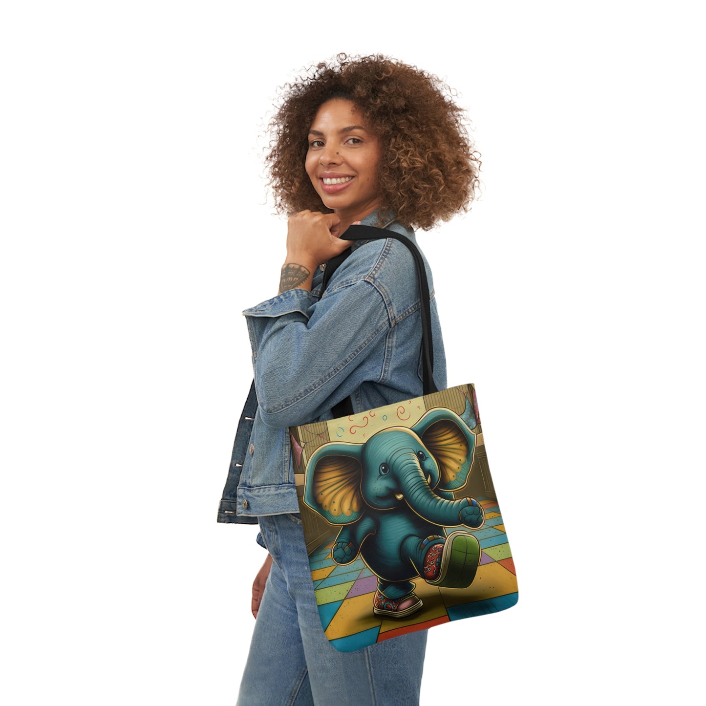 Elephant Kicking Leg On Colored Square Floor Polyester Canvas Tote Bag (AOP)