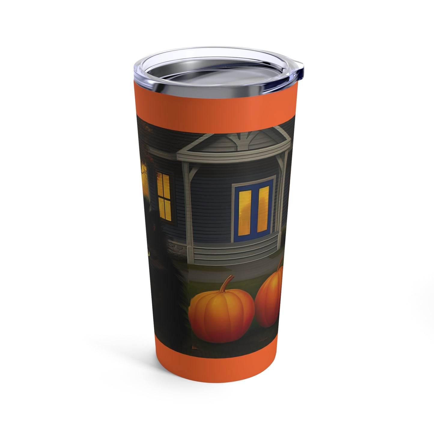 Fall Halloween Black Fluffy Cat With Pumpkins And House Tumbler 20oz