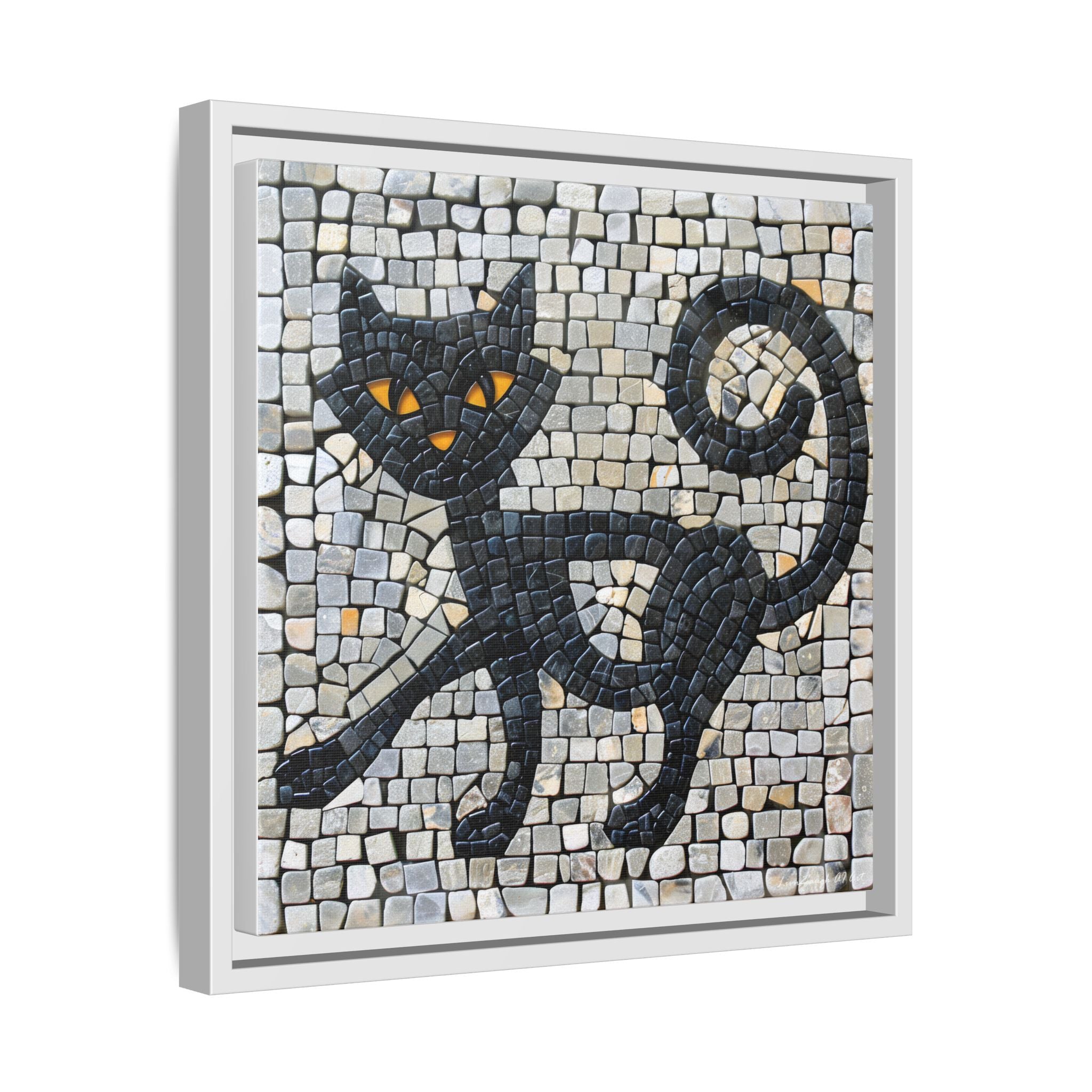 "Curious Black Cat Mosaic", Framed Mosaic Cat Art Print — Colorful Modern Wall Canvas