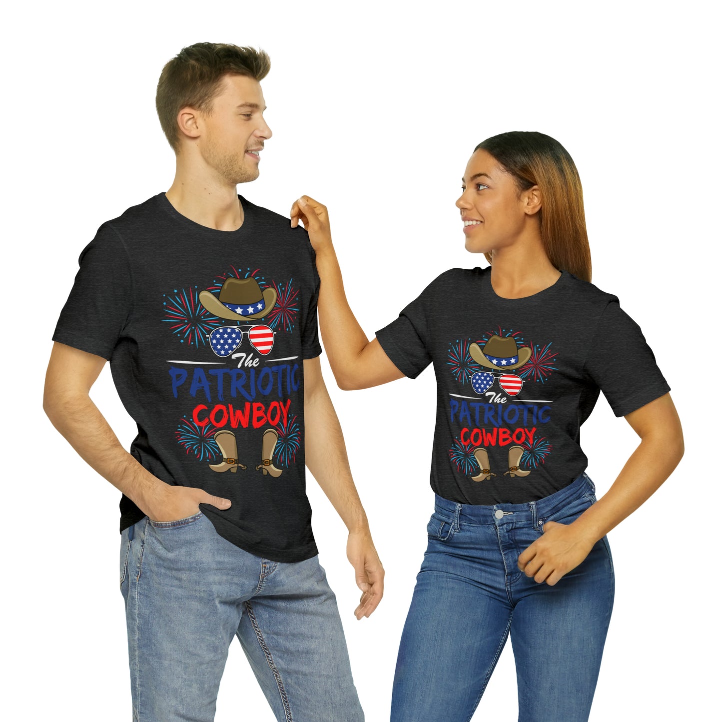 Patriotic Cowboy, American Flag 'Glasses, Cowboy Hat and Boots, Fourth of July 4th Unisex Jersey Short Sleeve Tee