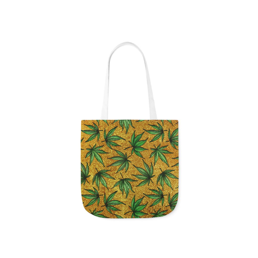 Gold And Green Marijuana Pot Weed Leaf With Gold Background 420 Polyester Canvas Tote Bag (AOP)