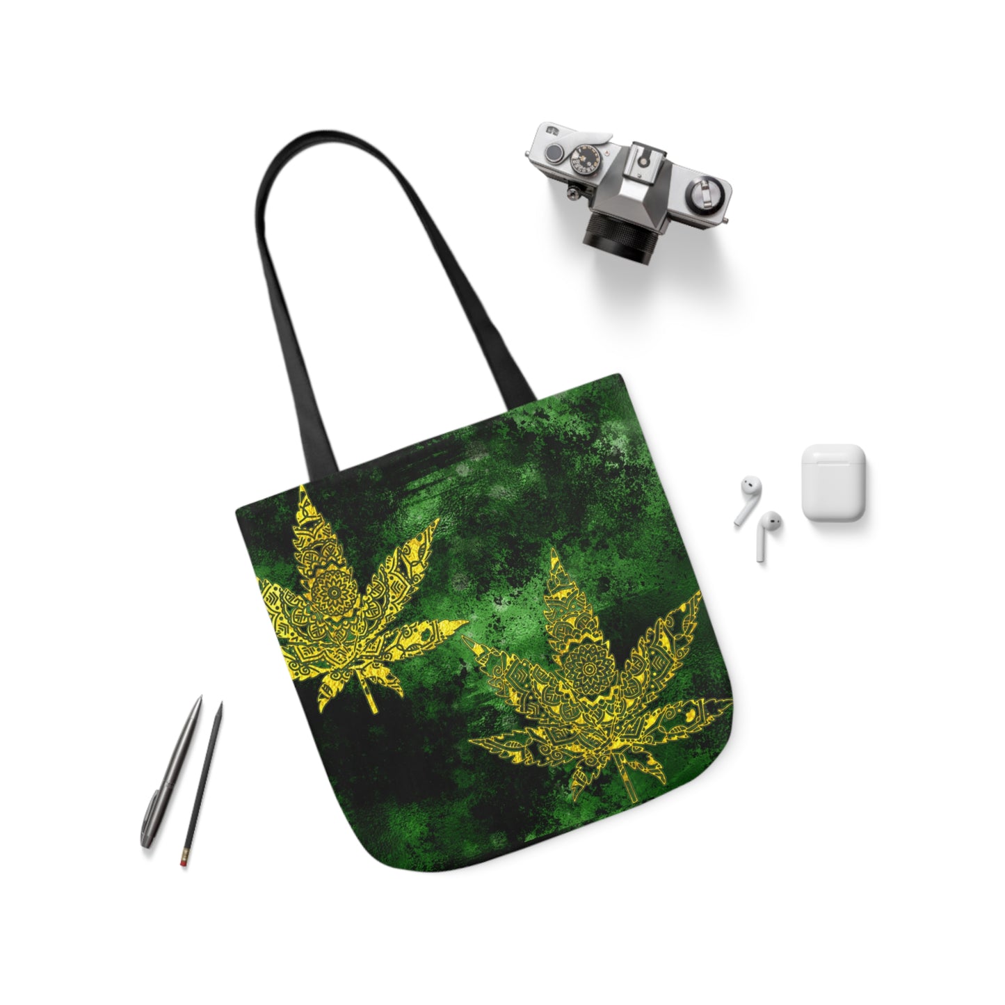 Gorgeous Designed Gold Leaf With multigreen Background Marijuana Pot Weed 420 Polyester Canvas Tote Bag (AOP)