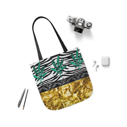 Gold And Zebra White And Black Marijuana Pot Weed Leaf 420 Weed Pot Marijuana Leaf Polyester Canvas Tote Bag (AOP)