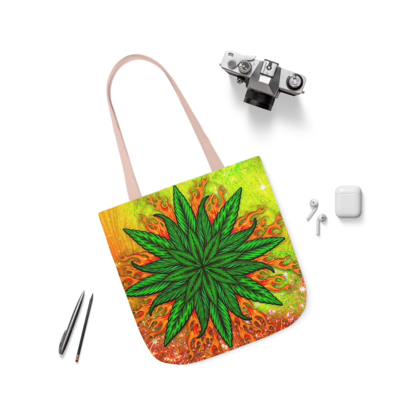 Beautifully Designed Orange, Yellow And Green Marijuana Leave Polyester Canvas Tote Bag (AOP)