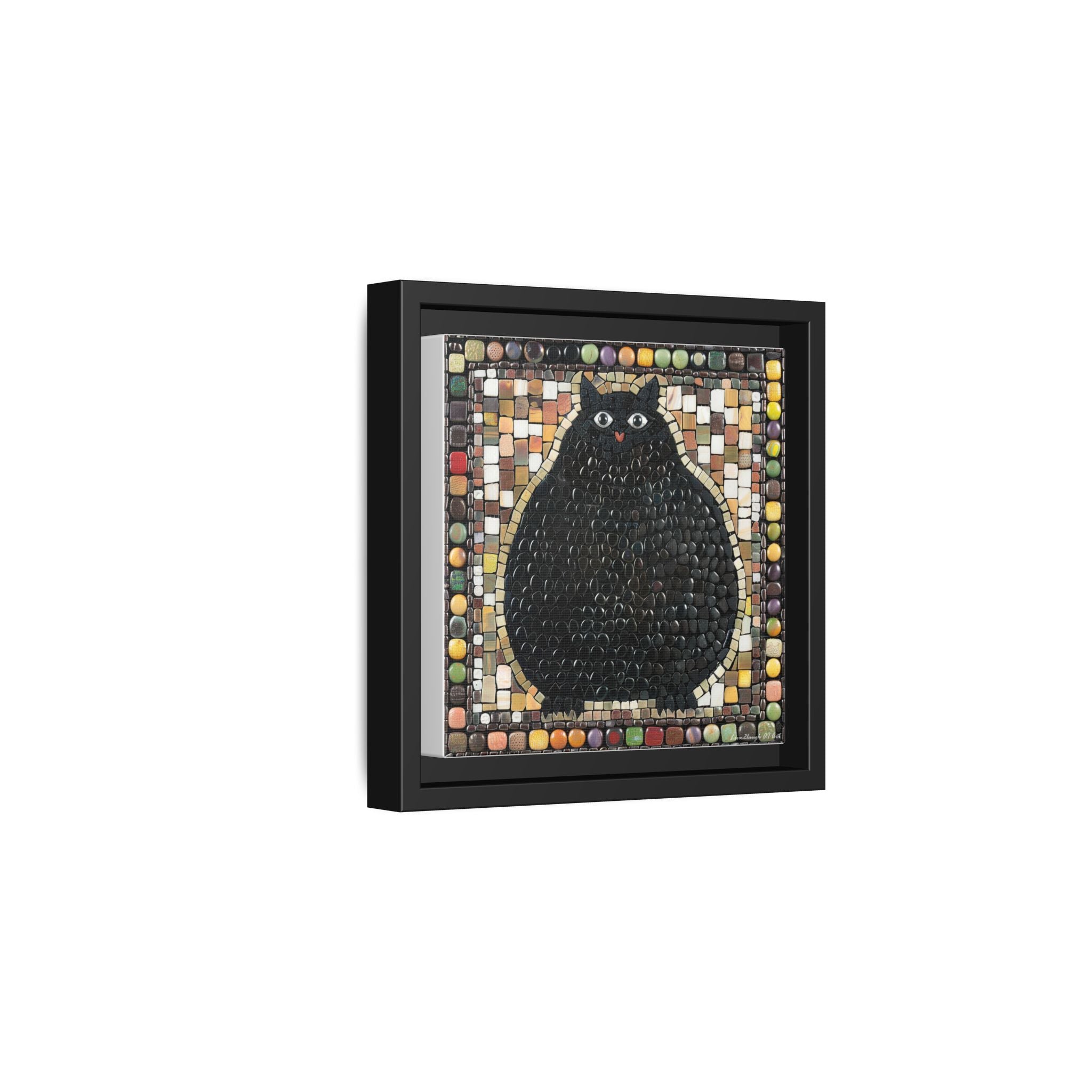 "Playful Black Cat Mosaic", Framed Mosaic Cat Art Print — Colorful Modern Wall Canvas