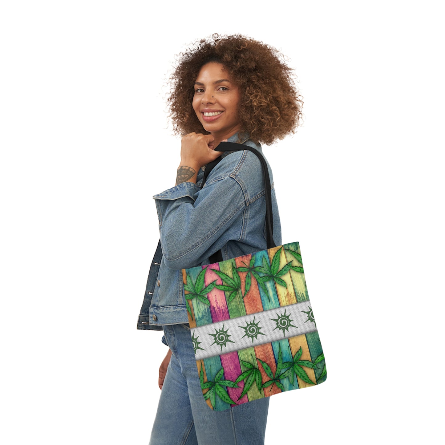 Beautiful Multicolored Pink Purple Blue 420 Weed Marijuana Leaf Polyester Canvas Tote Bag (AOP)