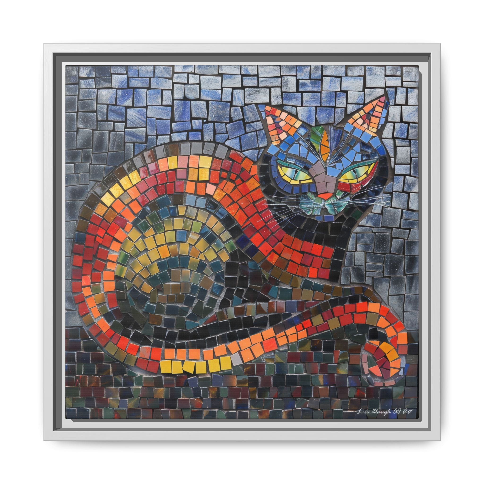 Mystic Shadows: The Enigmatic Cat, Framed Mosaic Cat Art Print — Colorful Modern Wall Canvas